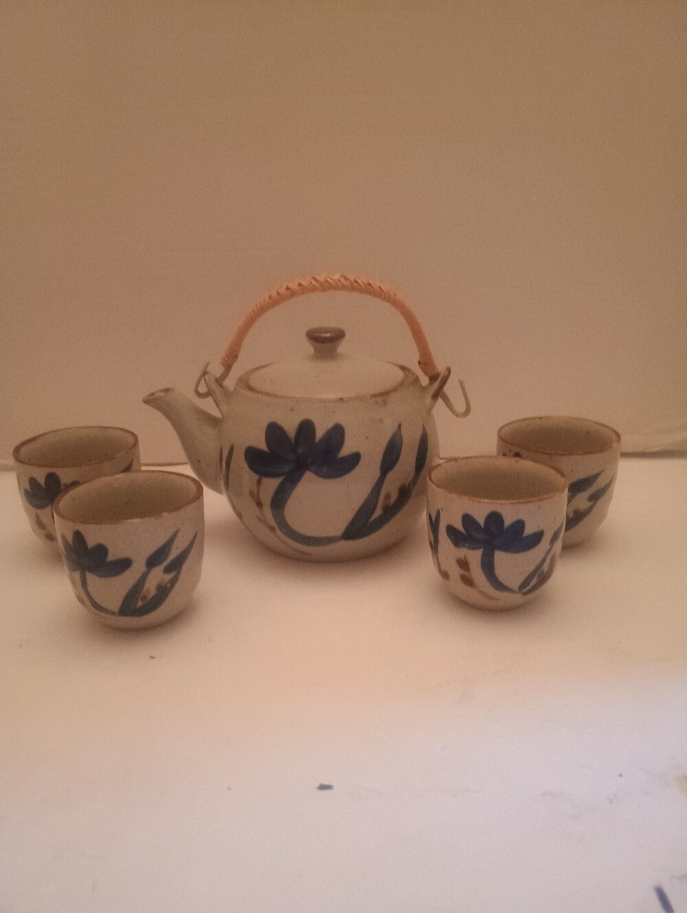 Ceramic Teapot Set with Blue Floral Motif - Beige